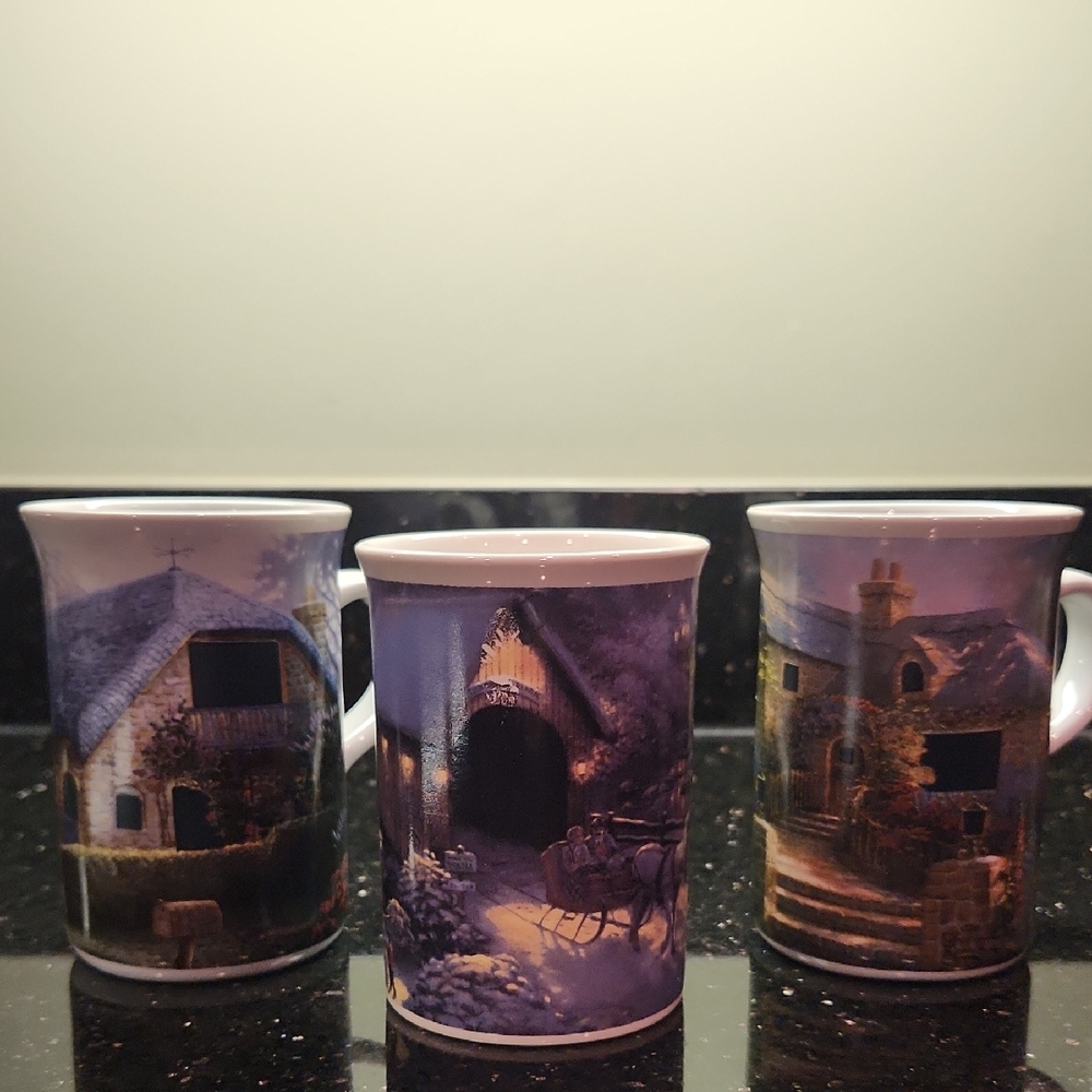Set of 3 mugs w/Thomas Kinkade paintings, 2 are color-changing